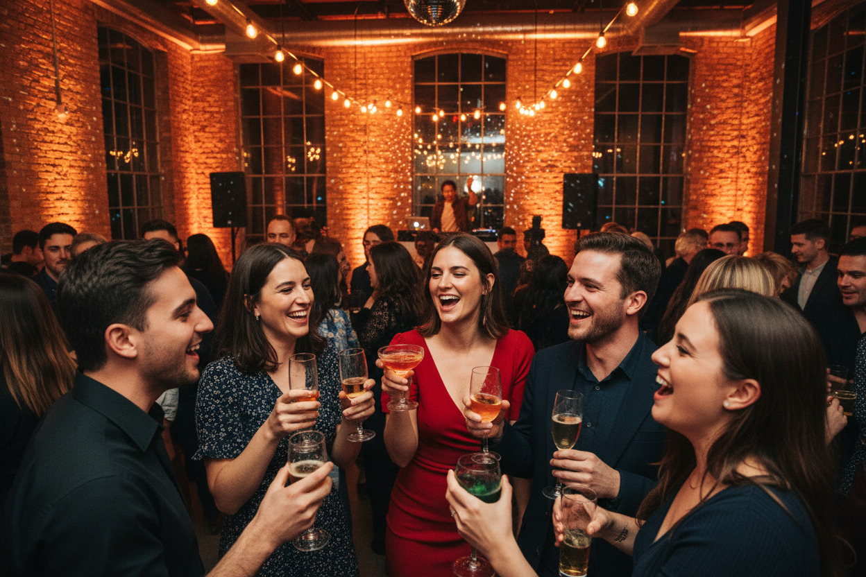 A group of friends laughs and toasts with drinks at a festive party in a brick-walled venue.